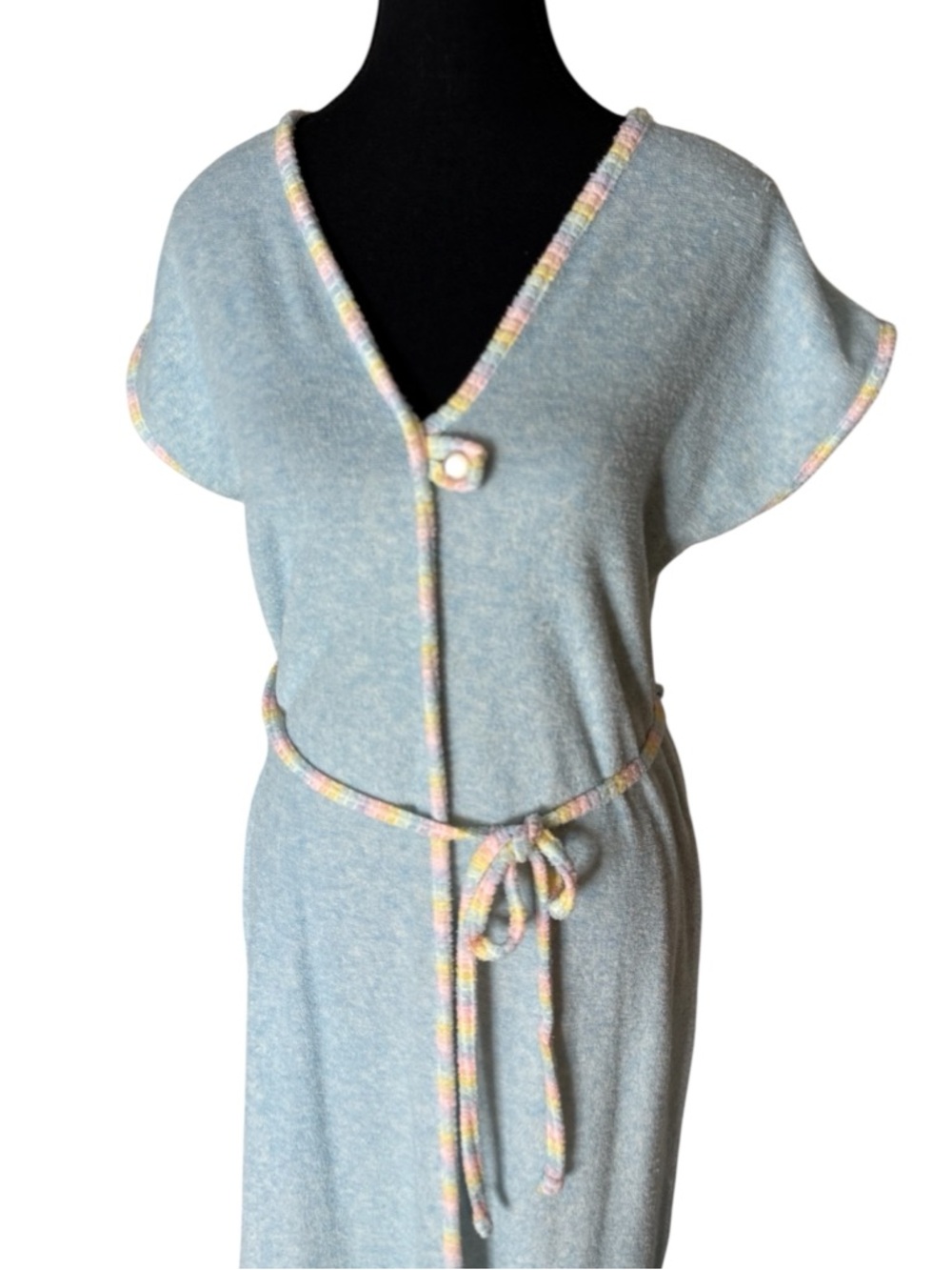 GINA BY HANNA Vintage Blue Terrycloth Maxi House Pool Dress Tie Belt Size Medium